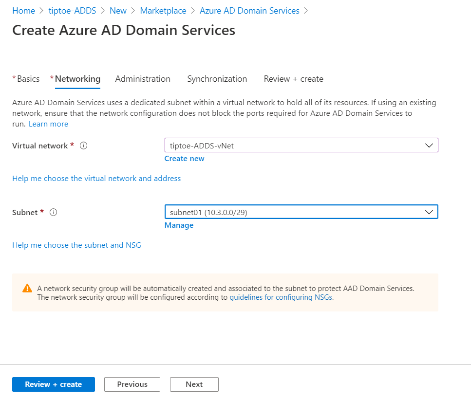 Creating managed Azure AD  Domain Services in Azure and adding a machine to that domain