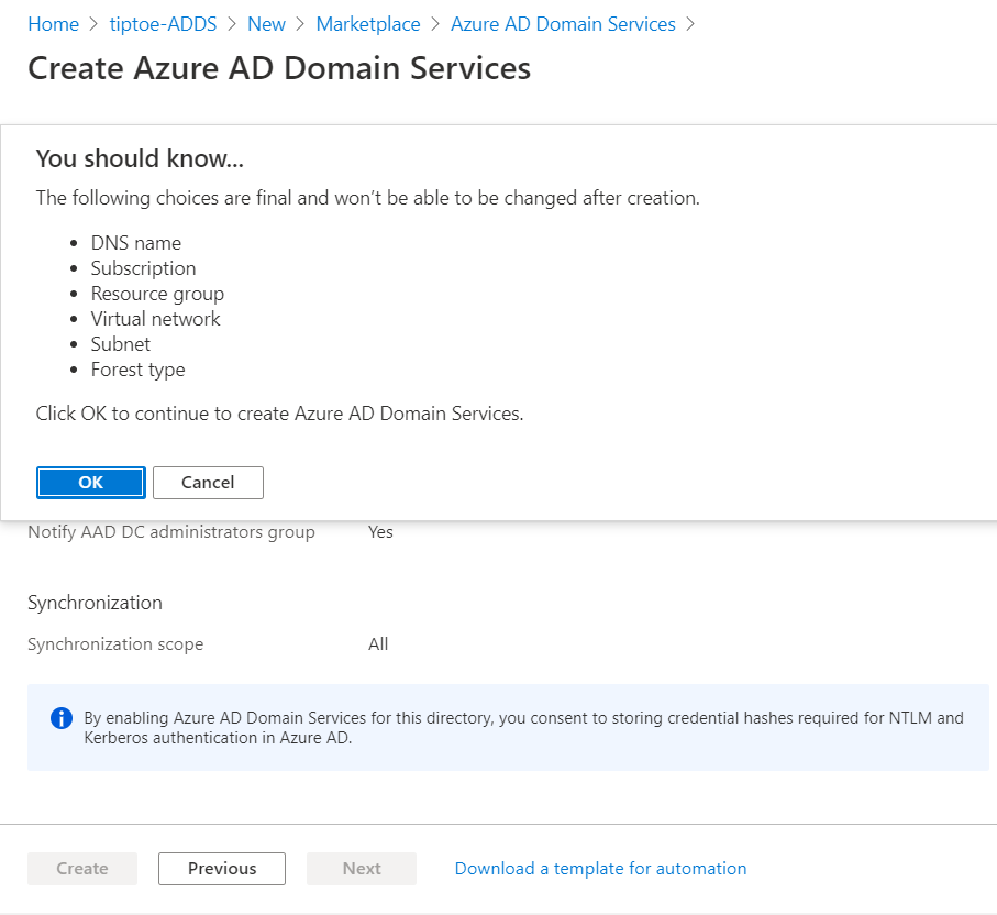 Creating managed Azure AD  Domain Services in Azure and adding a machine to that domain