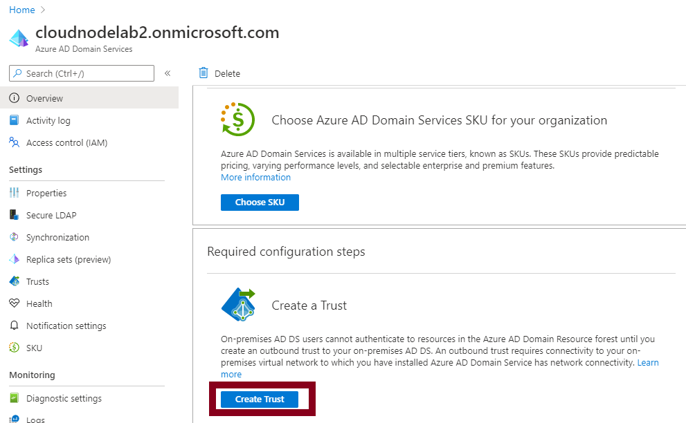 Creating an Azure ADDS domain trust with an on-premise environment