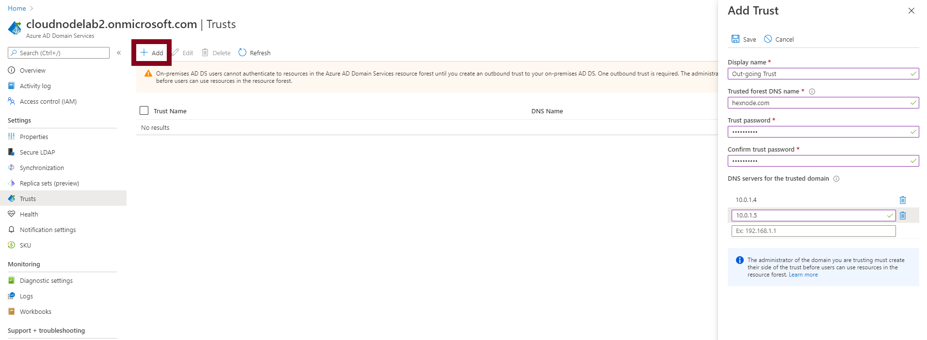Creating an Azure ADDS domain trust with an on-premise environment